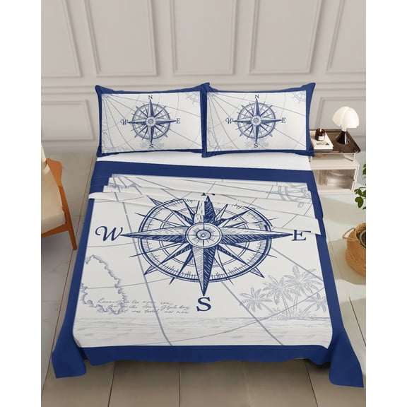 Bedding Flat Sheet - Hotel Quality Queen Top Sheet - Nautical Vintage Compass Rudder Soft Breathable Microfiber Fabric Bed Top Sheet 1 Flat Sheet Only, Blue Line on Map
