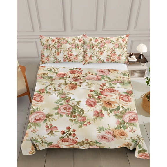 Bedding Flat Sheet - Hotel Quality Queen Top Sheet - Rose Flower Leaf Seamless Soft Breathable Microfiber Fabric Bed Top Sheet 1 Flat Sheet Only, Classic Floral Watercolor