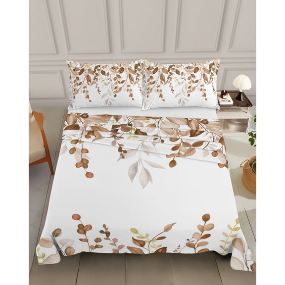 Bedding Flat Sheet - Hotel Quality Queen Top Sheet - Rustic Caramel Eucalyptus Leaf Soft Breathable Microfiber Fabric Bed Top Sheet 1 Flat Sheet Only, Vintage Watercolor Leaves
