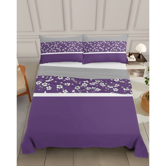 Bedding Flat Sheet - Hotel Quality Queen Top Sheet - Rustic Flower Purple Gray Stitching Art Soft Breathable Microfiber Fabric Bed Top Sheet 1 Flat Sheet Only, Blossom Floral Pattern
