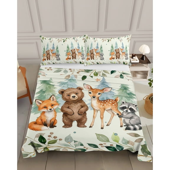 Bedding Flat Sheet - Hotel Quality Queen Top Sheet - Summer Forests Bear Fox Raccoon Soft Breathable Microfiber Fabric Bed Top Sheet 1 Flat Sheet Only, Pine Tree Leaves on Green