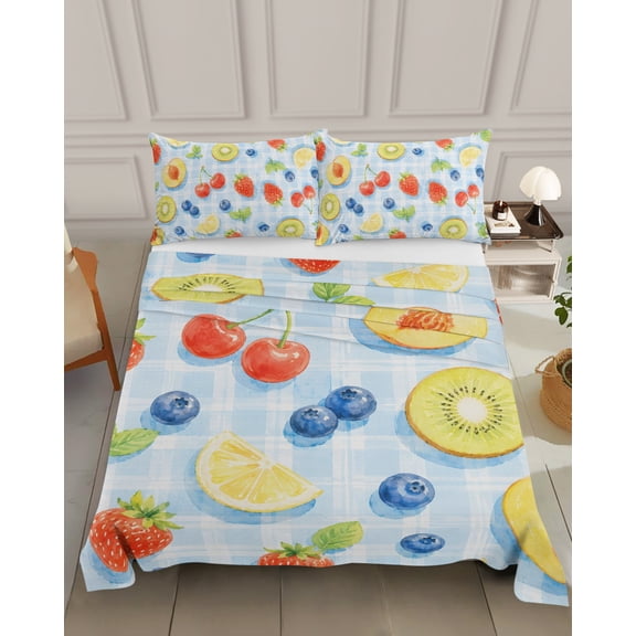 Bedding Flat Sheet - Hotel Quality Queen Top Sheet - Summer Fruit Slices Peach Pattern Soft Breathable Microfiber Fabric Bed Top Sheet 1 Flat Sheet Only, Blue Gingham Backdrop
