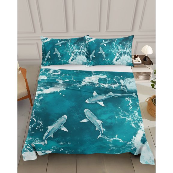 Bedding Flat Sheet - Hotel Quality Queen Top Sheet - Summer Nautical Marine Shark Soft Breathable Microfiber Fabric Bed Top Sheet 1 Flat Sheet Only, Watercolor Underwater Creature