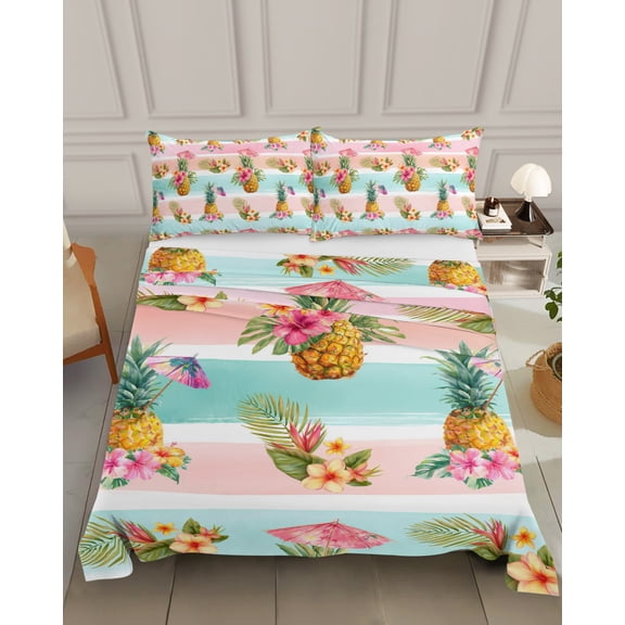 Bedding Flat Sheet - Hotel Quality Queen Top Sheet - Summer Tropical Fruit Pineapple Soft Breathable Microfiber Fabric Bed Top Sheet 1 Flat Sheet Only, Pink Green Striped
