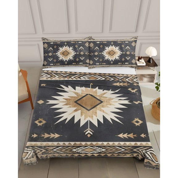Bedding Flat Sheet - Hotel Quality Queen Top Sheet - Tribal Southwestern Arrow Texture Soft Breathable Microfiber Fabric Bed Top Sheet 1 Flat Sheet Only, Retro Black Brown Sunburst
