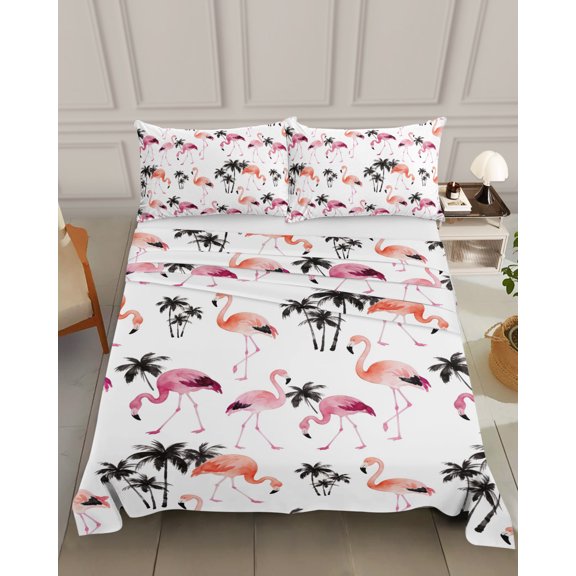 Bedding Flat Sheet - Hotel Quality Queen Top Sheet - Tropical Orange Pink Flamingo Soft Breathable Microfiber Fabric Bed Top Sheet 1 Flat Sheet Only, Black Palm Trees