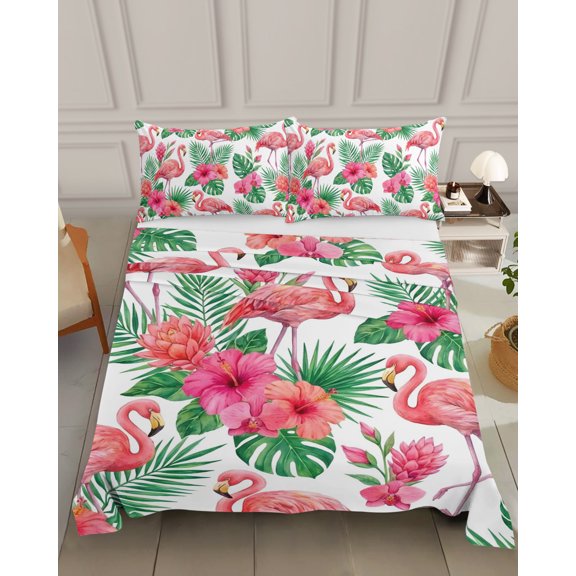 Bedding Flat Sheet - Hotel Quality Queen Top Sheet - Tropical Pink Flamingo Flower Leaf Soft Breathable Microfiber Fabric Bed Top Sheet 1 Flat Sheet Only, Summer Botanical