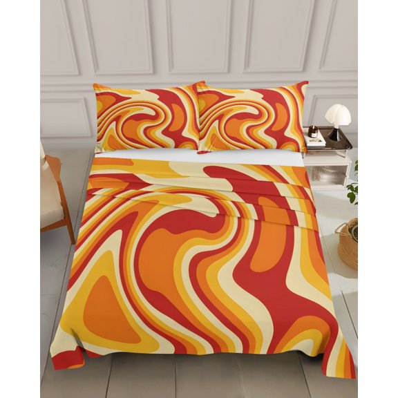 Bedding Flat Sheet - Hotel Quality Queen Top Sheet - Vector Psychedelic Groovy Back Soft Breathable Microfiber Fabric Bed Top Sheet 1 Flat Sheet Only, Colorful Modern Abstract Liquid Art