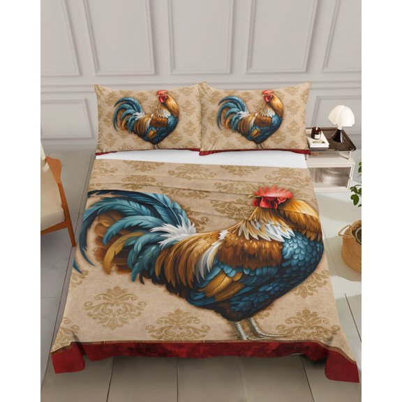 Bedding Flat Sheet - Hotel Quality Queen Top Sheet - Vintage Farmhouse Rooster Soft Breathable Microfiber Fabric Bed Top Sheet 1 Flat Sheet Only, Retro Flowers Rooster
