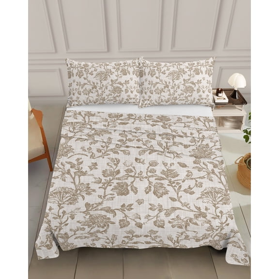 Bedding Flat Sheet - Hotel Quality Queen Top Sheet - Vintage Pastoral Khaki Flower Soft Breathable Microfiber Fabric Bed Top Sheet 1 Flat Sheet Only, Watercolor Pastoral Plant Linen