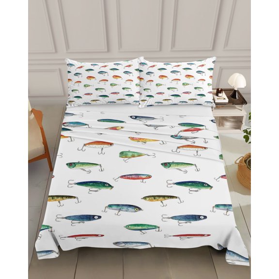 Bedding Flat Sheet - Hotel Quality Queen Top Sheet - Watercolor Fishing Hook Soft Breathable Microfiber Fabric Bed Top Sheet 1 Flat Sheet Only, Colorful Fish