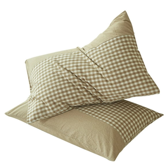 Bedding Pillowcases Gingham Pack of 2，Washed Cotton Linen Like Textured Breathable Durable Soft Comfy Khaki