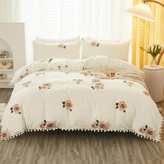 Bedding Pink roses Duvet Cover White Set with Small Ball Edge Twin Size