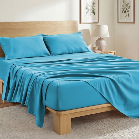 Bedding Queen Size 4 Pieces Sheet Set, Includes 1 Fitted Sheet, 1 Flat Sheet and 2 Pillowcases, Soft and Breathable Cooling Bed Sheet Set with Deep Pocket, Blue