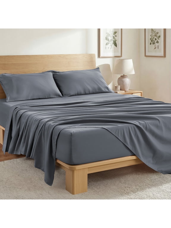 Bedding Queen Size 4 Pieces Sheet Set, Includes 1 Fitted Sheet, 1 Flat Sheet and 2 Pillowcases, Soft and Breathable Cooling Bed Sheet Set with Deep Pocket, Grey