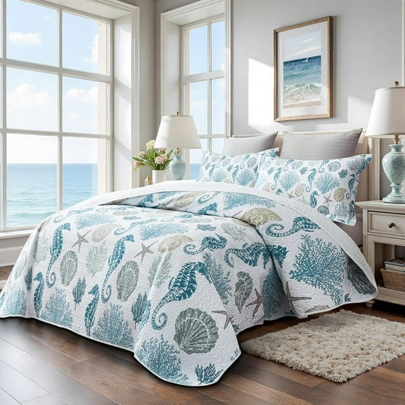 Bedding Queen Size Nautical Beach Comforter Set with 2 Shams, Blue Seahorse Coverlet for Summer and Winter Use