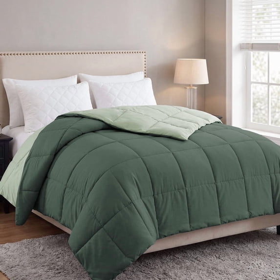 Bedding Reversible Comforter Down Alternative King Size, Cooling Duvet Insert with Corner Tabs and Box Stitched, Lightweight Bedding Quilted Comforter for All Season, Dark Green/Sage Green