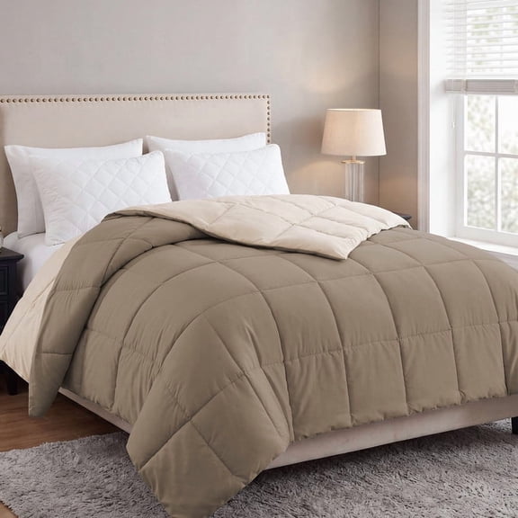 Bedding Reversible Comforter Down Alternative King Size, Cooling Duvet Insert with Corner Tabs and Box Stitched, Lightweight Bedding Quilted Comforter for All Season, Khaki/Beige