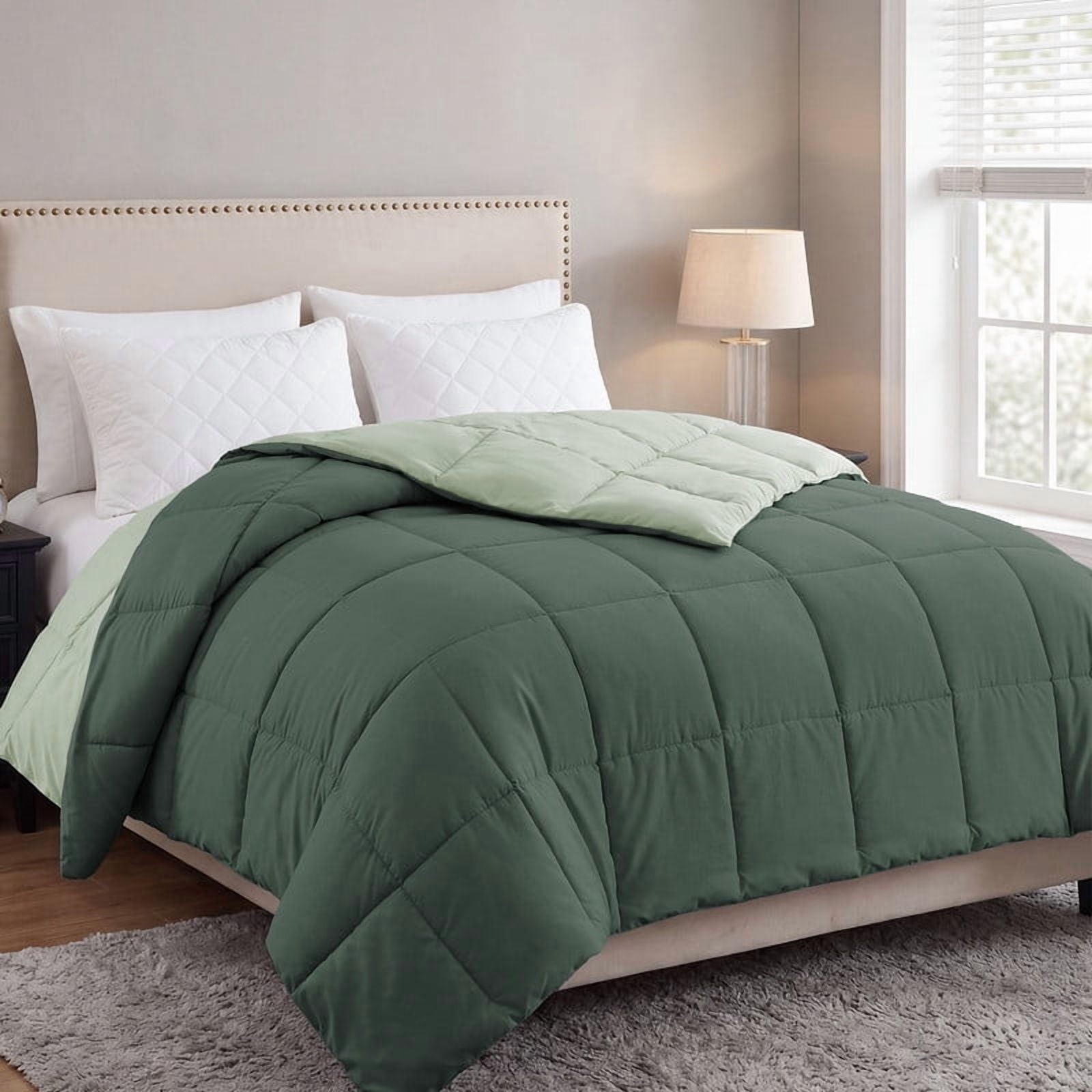 Bedding Reversible Comforter Down Alternative Twin Size, Cooling Duvet Insert with Corner Tabs and Box Stitched, Lightweight Bedding Quilted Comforter for All Season, Dark Green/Sage Green