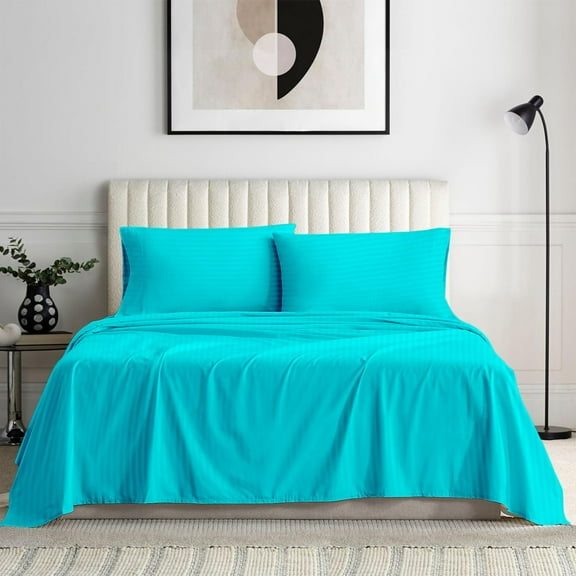 Bedding Series 600 Thread Count 100% Long Staple Cotton Full Size 4 Piece Sheet Set Fit 9" Inch to 12" Inch Deep Pocket Striped ( Turquoise )