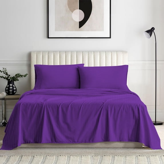 Bedding Series 600-Thread Count Soft Egyptian Cotton Luxurious 4-PCs Sheet Set Fits Easily Fit upto 19-24" Inch Deep Pockets Stripe Pattern ( Emperor, Purple )