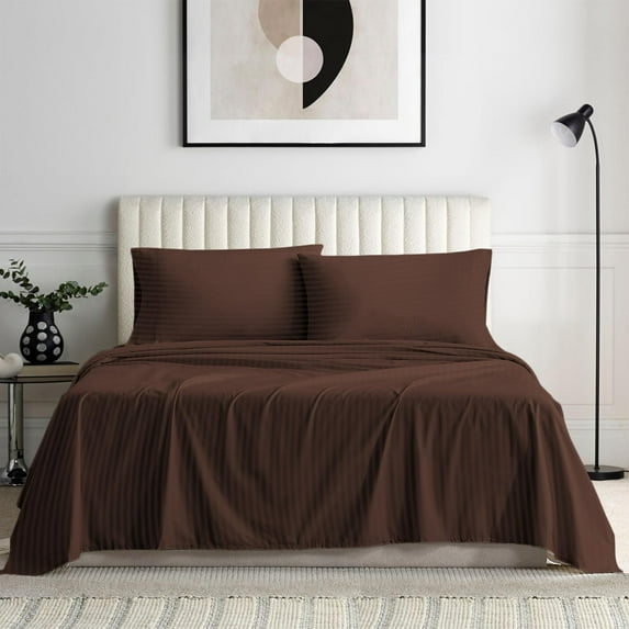 Bedding Series 600-Thread Count Soft Egyptian Cotton Luxurious 4-PCs Sheet Set Fits Easily Fit upto 19-24" Inch Deep Pockets Stripe Pattern ( RV King, Chocolate )
