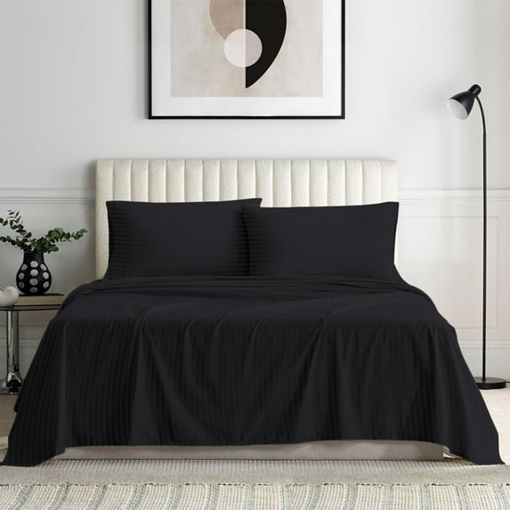 Bedding Series 600-Thread Count Soft Egyptian Cotton Luxurious 4-PCs Sheet Set Fits Easily Fit upto 25-30" Inch Deep Pockets Stripe Pattern ( RV King, Black )
