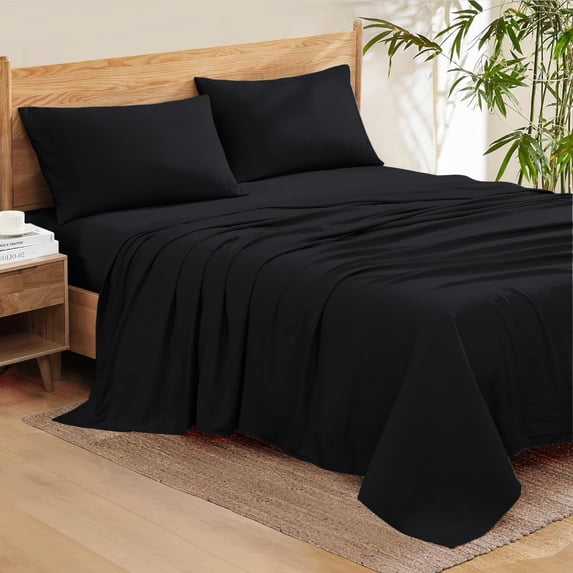 Bedding Series 600-Thread Count Soft Egyptian Cotton Luxurious 4-PCs Sheet Set Fits Easily Fit upto 6-8" Inch Deep Pockets Solid Pattern ( Alaska King, Black )