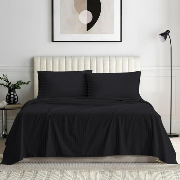 Bedding Series 600-Thread Count Soft Egyptian Cotton Luxurious 4-PCs Sheet Set Fits Easily Fit upto 6-8" Inch Deep Pockets Stripe Pattern ( Twin XL, Black )