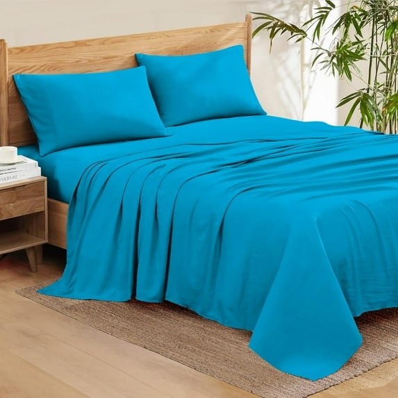Bedding Series 600-Thread Count Soft Egyptian Cotton Luxurious 4-PCs Sheet Set Fits Easily Fit upto 9-12" Inch Deep Pockets Solid Pattern ( RV King, Turquoise )