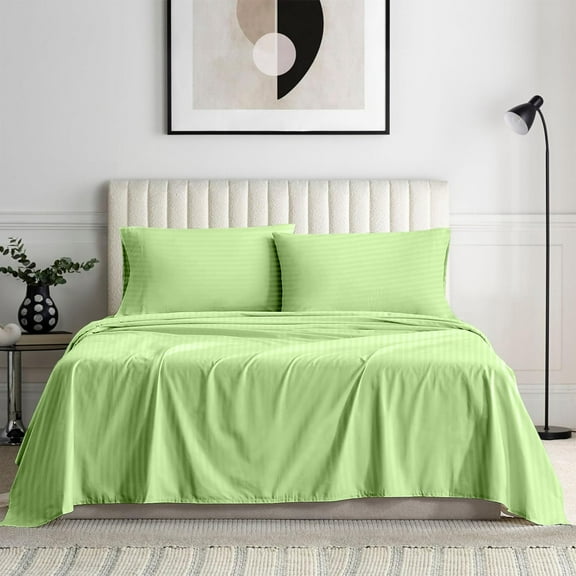 Bedding Series 600-Thread Count Soft Egyptian Cotton Luxurious 4-PCs Sheet Set Fits Easily Fit upto 9-12" Inch Deep Pockets Stripe Pattern ( Emperor, Sage Green )