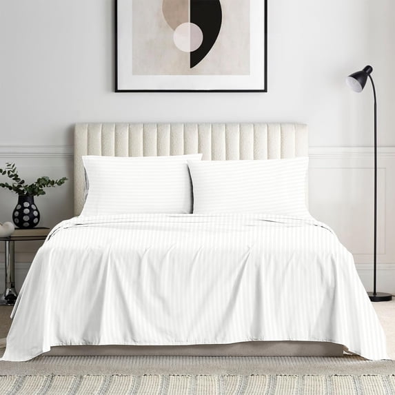 Bedding Series 600-Thread Count Soft Egyptian Cotton Luxurious 6-PCs Sheet Set Fits Easily Fit upto 9-12" Inch Deep Pockets Stripe Pattern ( Queen, White )