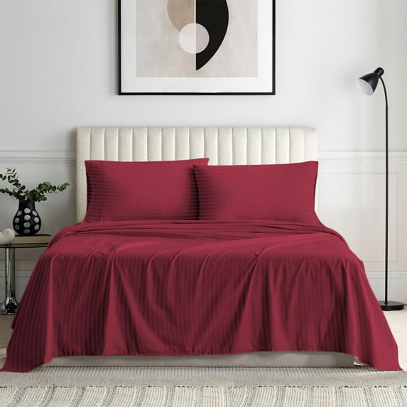 Bedding Series 600-Thread Count Soft Egyptian Cotton Luxurious 4-PCs Sheet Set Fits Easily Fit upto 9-12" Inch Deep Pockets Stripe Pattern ( RV King, Burgundy )