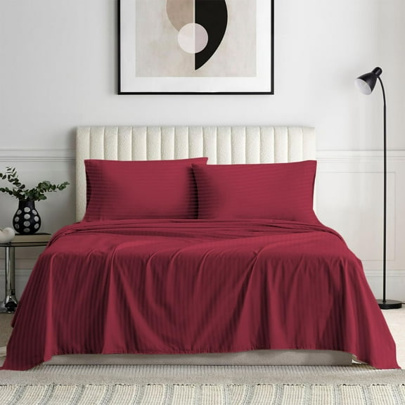 Bedding Series 600-Thread Count Soft Egyptian Cotton Luxurious 4-PCs Sheet Set Fits Easily Fit upto 9-12" Inch Deep Pockets Stripe Pattern ( Twin, Burgundy )
