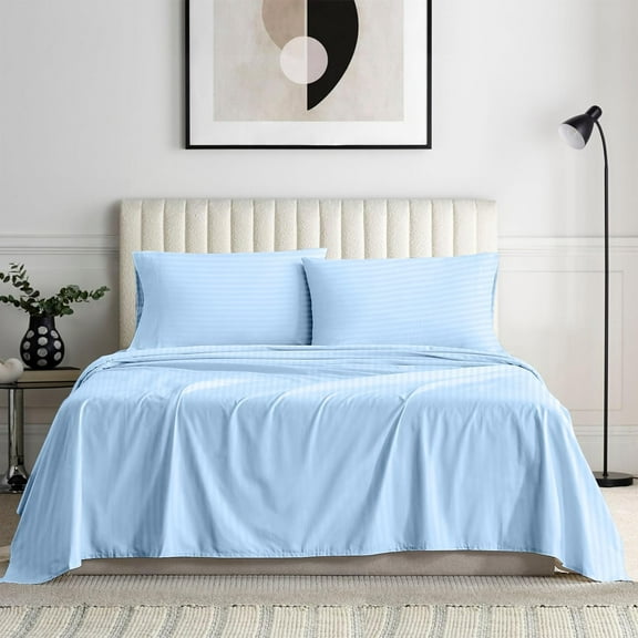 Bedding Series 600-Thread Count Soft Egyptian Cotton Luxurious 4-PCs Sheet Set Fits Easily Fit upto 9-12" Inch Deep Pockets Stripe Pattern ( Twin XL, Light Blue )