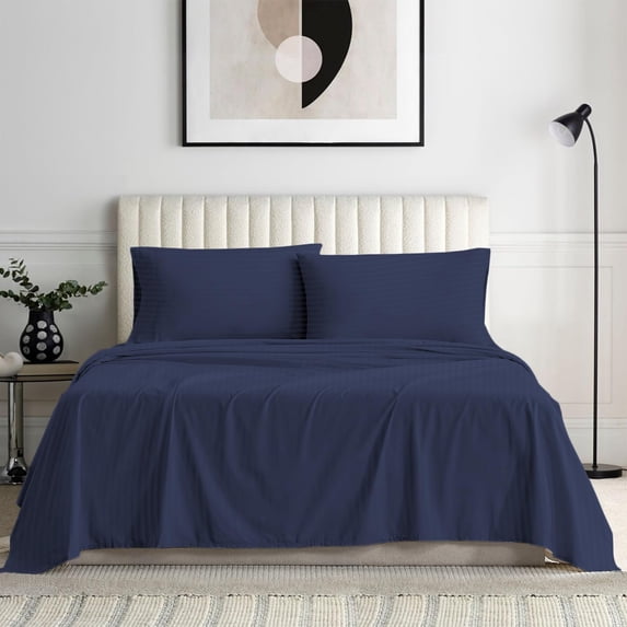 Bedding Series 600-Thread Count Soft Egyptian Cotton Luxurious 4-PCs Sheet Set Fits Easily Fit upto 9-12" Inch Deep Pockets Stripe Pattern ( Twin XL, Navy Blue )