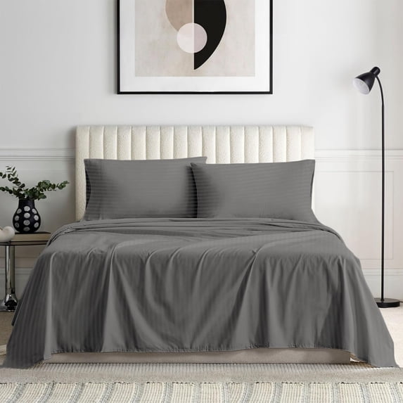 Bedding Series 600-Thread Count Soft Egyptian Cotton Luxurious 6-PCs Sheet Set Fits Easily Fit upto 25-30" Inch Deep Pockets Stripe Pattern ( Queen, Dark Grey )