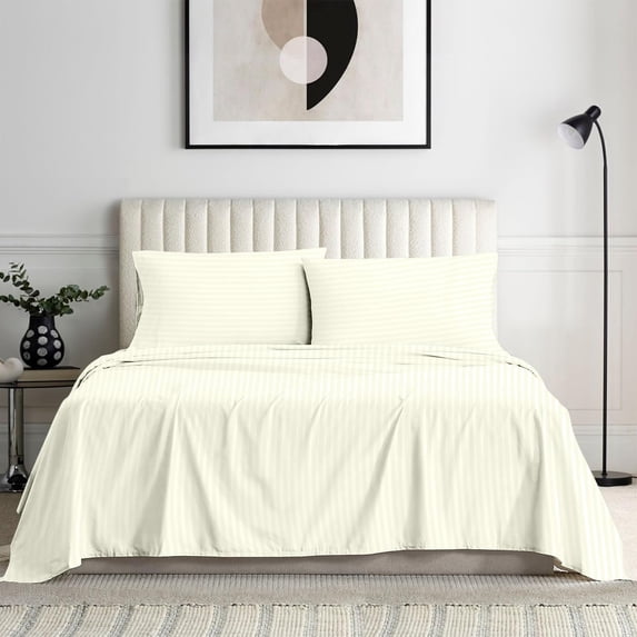 Bedding Series 600-Thread Count Soft Egyptian Cotton Luxurious 6-PCs Sheet Set Fits Easily Fit upto 9-12" Inch Deep Pockets Stripe Pattern ( King, Ivory )