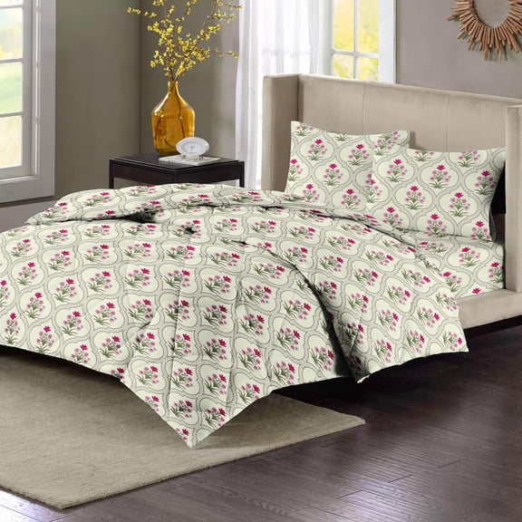 Bedding Set 1 Double Bedsheet, 2 Pillow Covers With 1 Comforter | 90 X 100 Inches, Off White & Pink | Perfect For Queen Bed Durable & Wrinkle Free - All Season Bedding