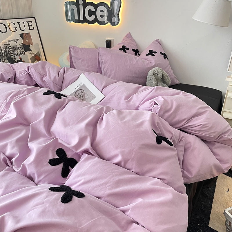 Bedding Set 2024 New Ins Style Minimalist Blue Washing Cotton black bow ...
