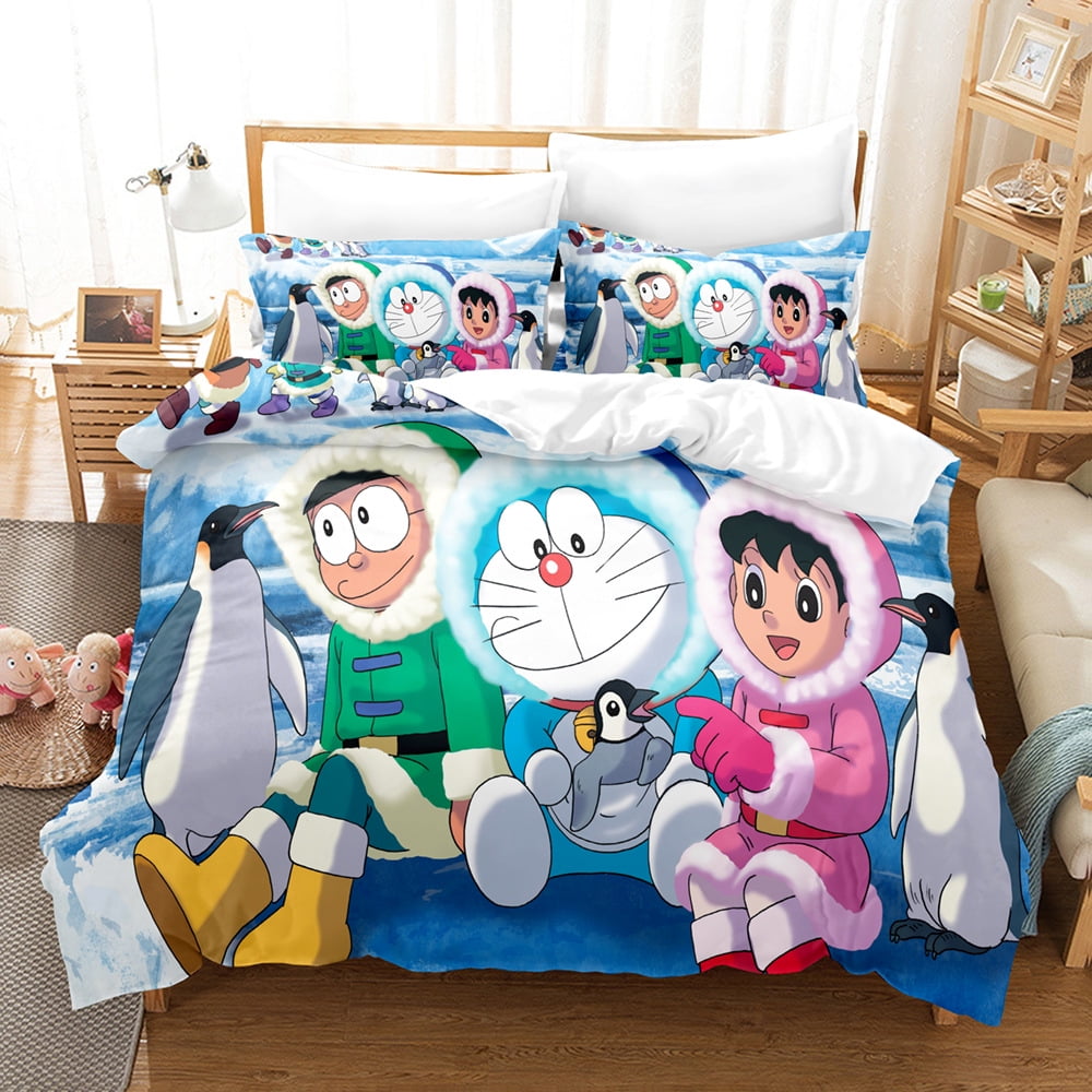 Bedding Set 3D Anime Doraemon Duvet Cover Bed Sets, 1 Quilt Cover & 1/2