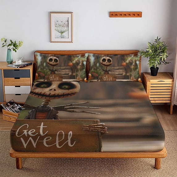 Bedding Set 3D Pumpkin Witch Skull Printed Fitted Sheet Set with Pillowcase for Kids Adult,Full(54"x75")