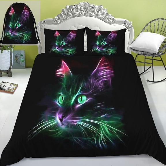 Bedding Set Children Duvet Cover Set with Cloth Bag 3D Green Black Cat Print Bedding Set,California King (98"x104")