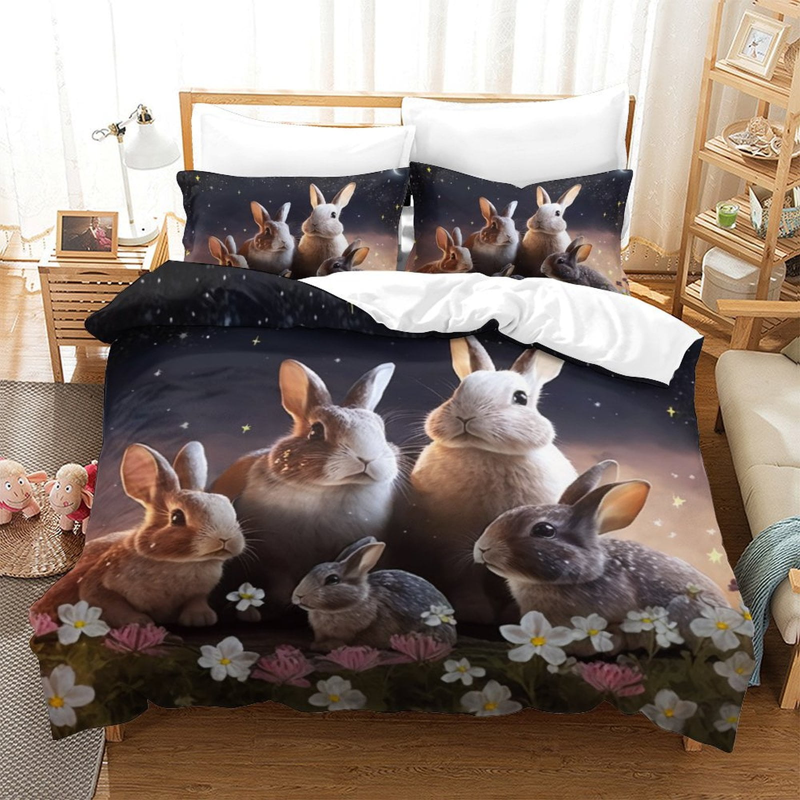 Bedding Set Cute Bunny Printed Comforter Cover Pillowcase Kids Adult