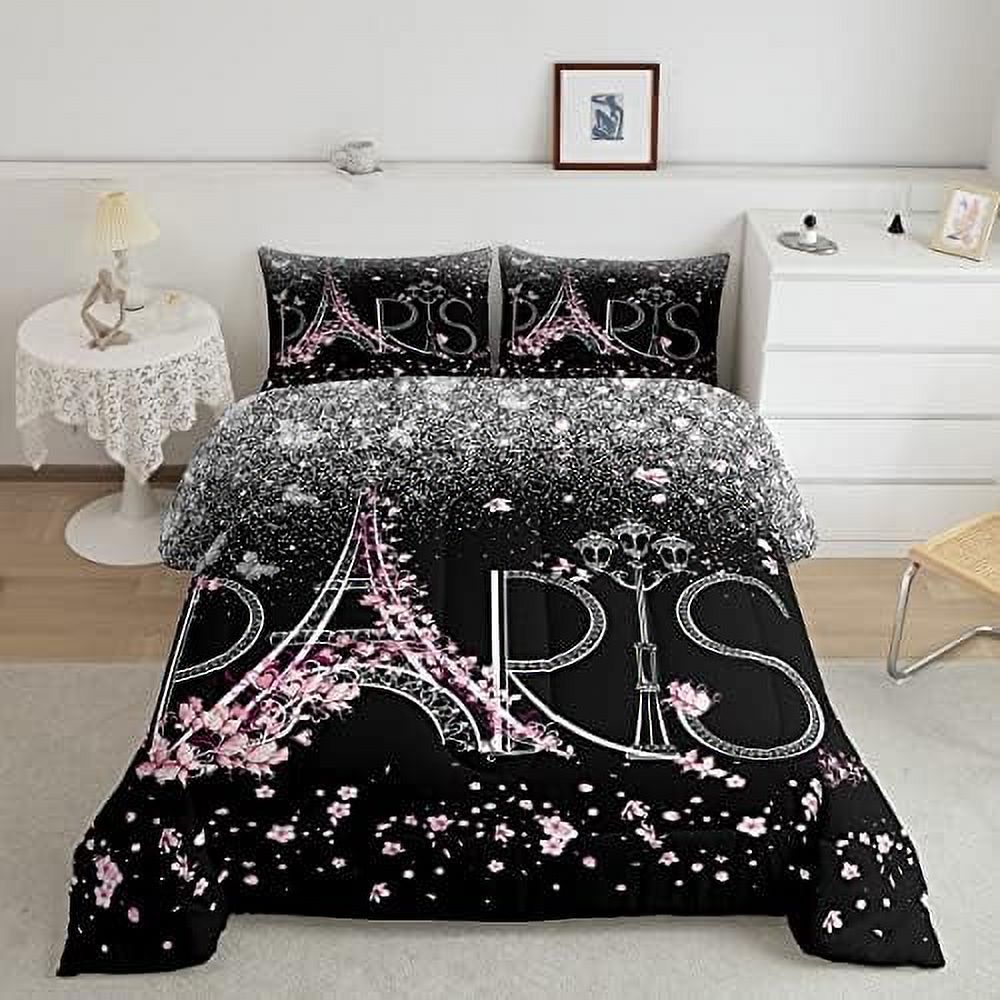 Bedding Set Eiffel Tower Comforter Set King Size Girls Pink Paris Decor