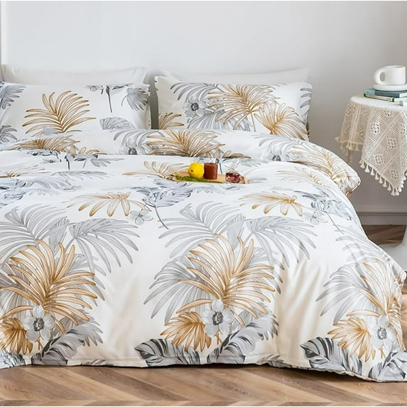 Bedding Set Gold Grey Leaf Duvet Cover Tropical Botanical Leaves King Size