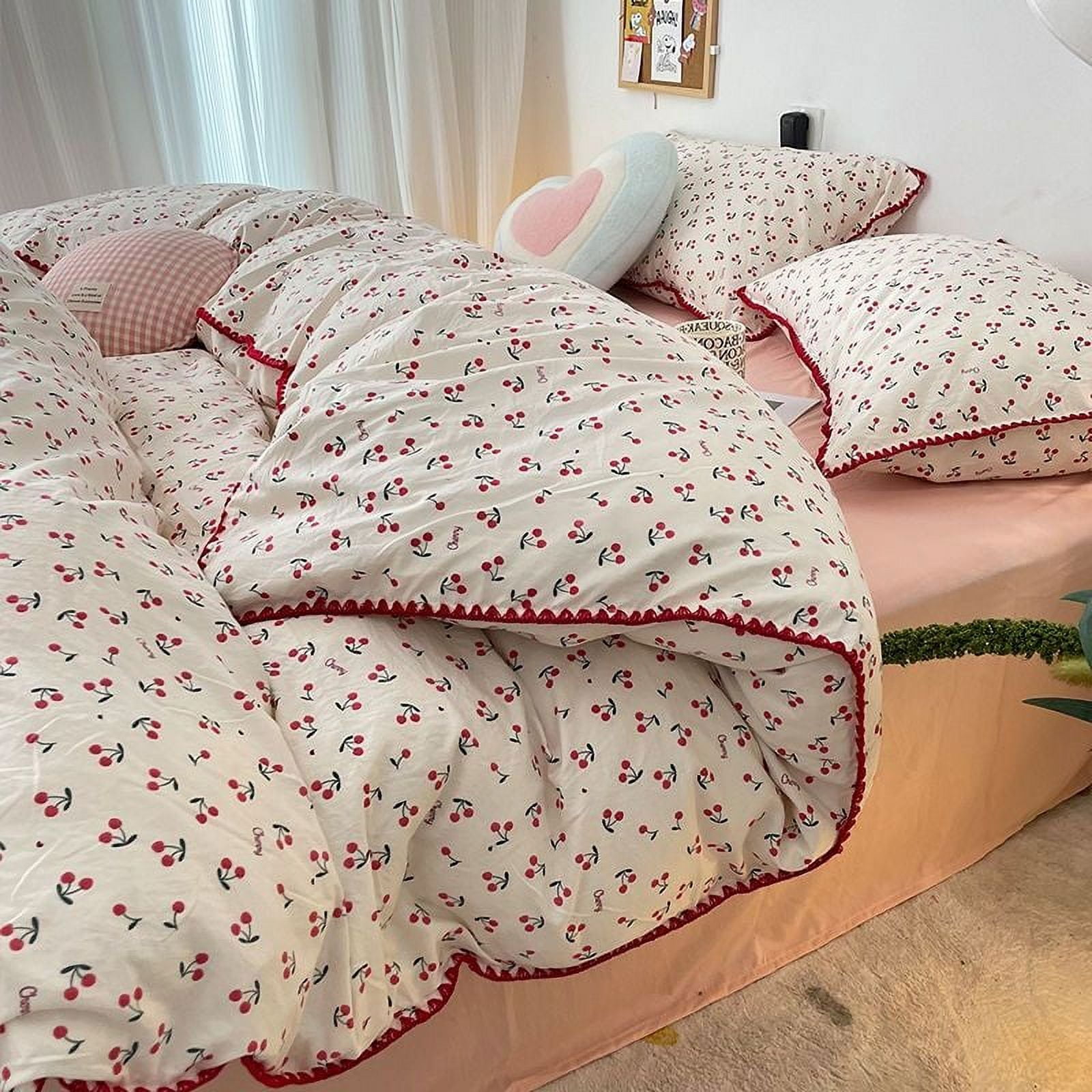 Bedding Set INS Girls Cherry  Soft Washed Cotton Bed Sheet Queen King Size Duvet Set  Comforter Set Pillowcase Bed Linens LS