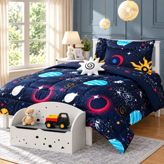 Gorgeous Home Linen Bedding Set Twin 6pc Moon Planets #2 Complete Bed in Bag Comforter with Plushie Toy Friend and Matching Sheet Set Bedroom Decor.