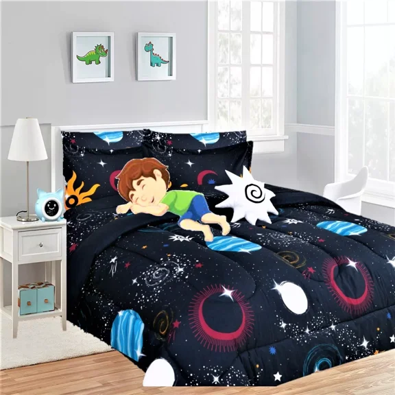 Bedding Set Twin 6pc Moon Planets #2 Complete Bed in Bag Comforter with Plushie Toy Friend and Matching Sheet Set Bedroom Decor.