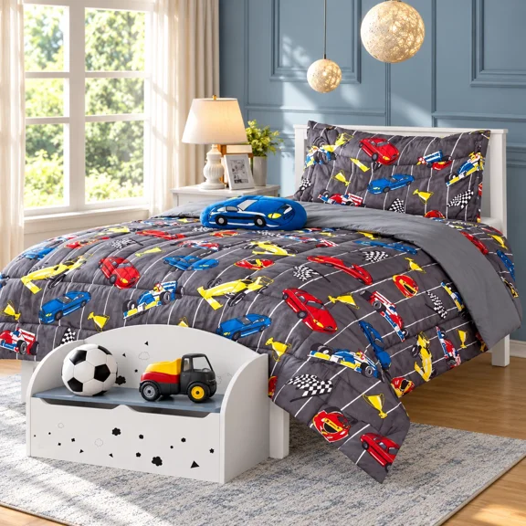 Gorgeous Home Linen Bedding Set Twin 6pc Nascar Racing Car #2 Complete Bed in Bag Comforter with Plushie Toy Friend and Matching Sheet Set Bedroom Decor.